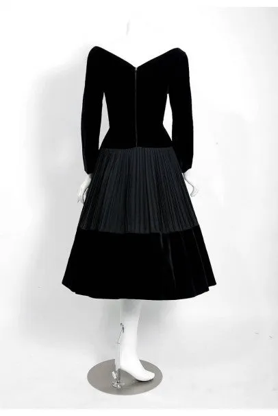 1955 Christian Dior Haute Couture Black Velvet and Pleated Silk Full Party Dress