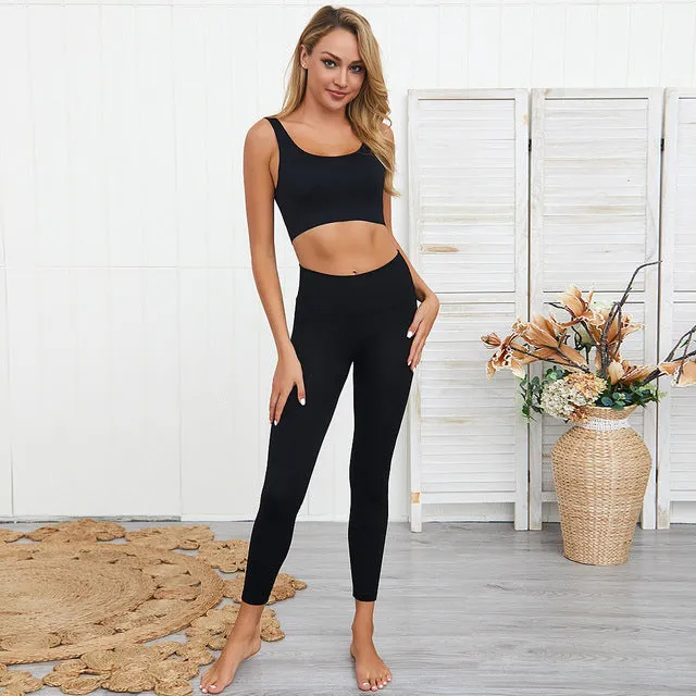 2 Piece Sports Yoga Gym Fitness Athletic Pants Sportswear Leggings Padded Push-up Seamless Sports Bra Set