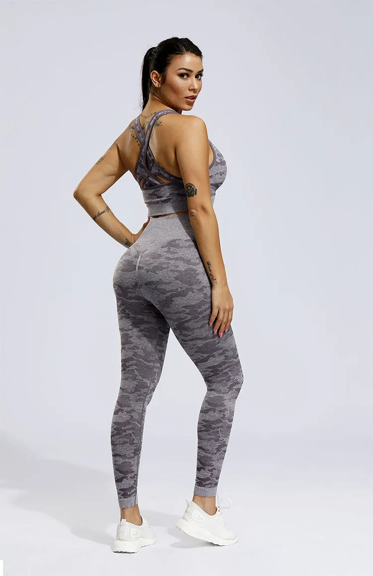 2 Piece Sports Yoga Gym Fitness Camo Athletic Pants Sportswear Leggings Seamless Active Bra Top Set