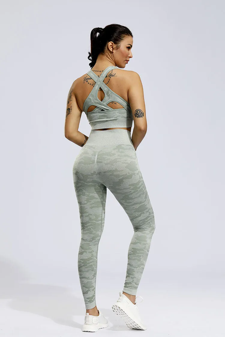 2 Piece Sports Yoga Gym Fitness Camo Athletic Pants Sportswear Leggings Seamless Active Bra Top Set