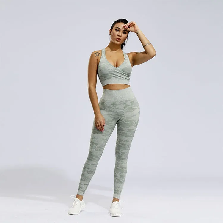 2 Piece Sports Yoga Gym Fitness Camo Athletic Pants Sportswear Leggings Seamless Active Bra Top Set