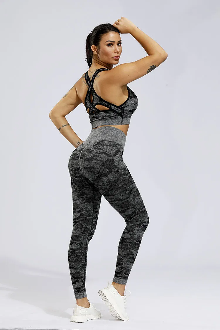 2 Piece Sports Yoga Gym Fitness Camo Athletic Pants Sportswear Leggings Seamless Active Bra Top Set