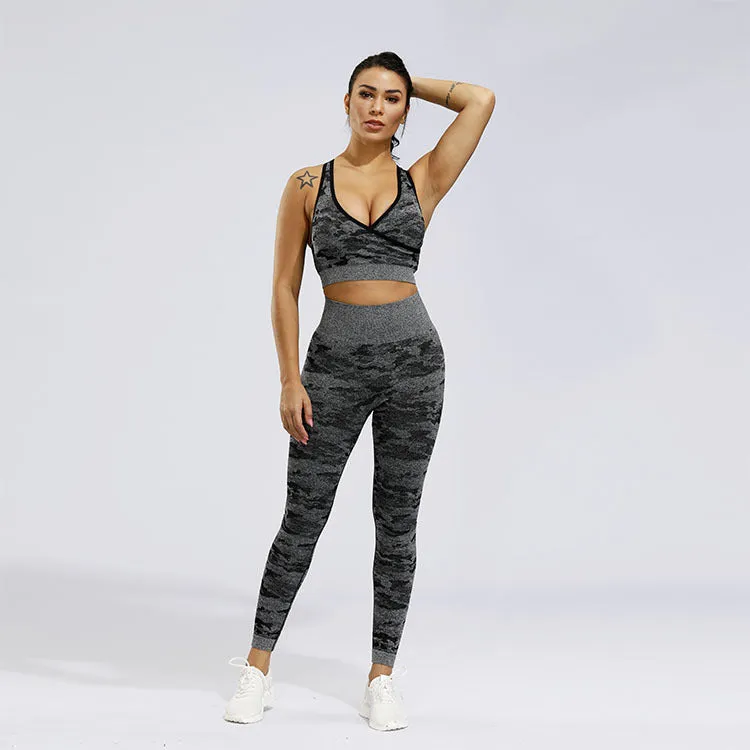 2 Piece Sports Yoga Gym Fitness Camo Athletic Pants Sportswear Leggings Seamless Active Bra Top Set