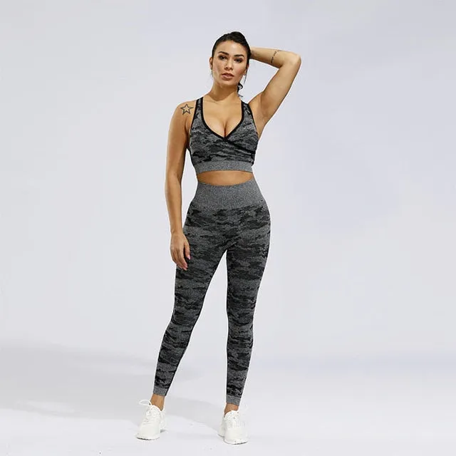 2 Piece Sports Yoga Gym Fitness Camo Athletic Pants Sportswear Leggings Seamless Active Bra Top Set