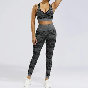 2 Piece Sports Yoga Gym Fitness Camo Athletic Pants Sportswear Leggings Seamless Active Bra Top Set