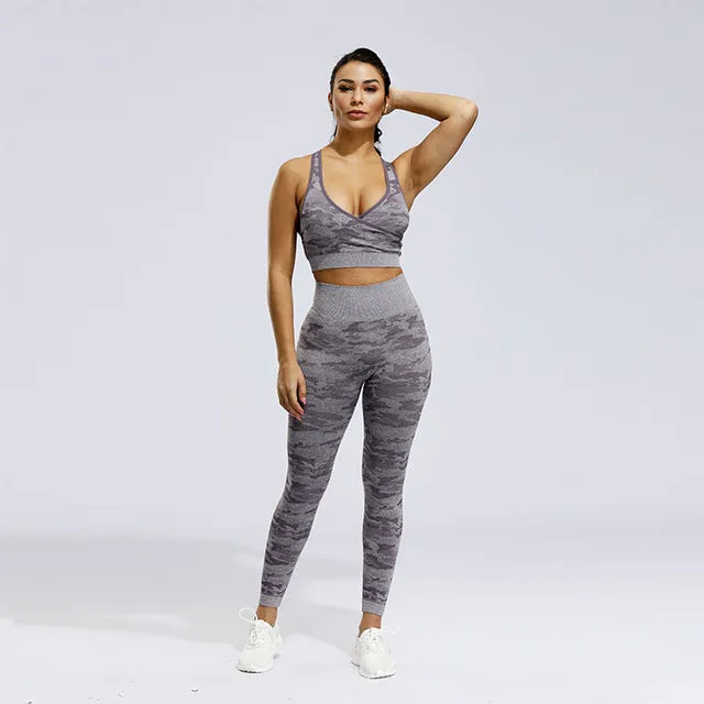 2 Piece Sports Yoga Gym Fitness Camo Athletic Pants Sportswear Leggings Seamless Active Bra Top Set