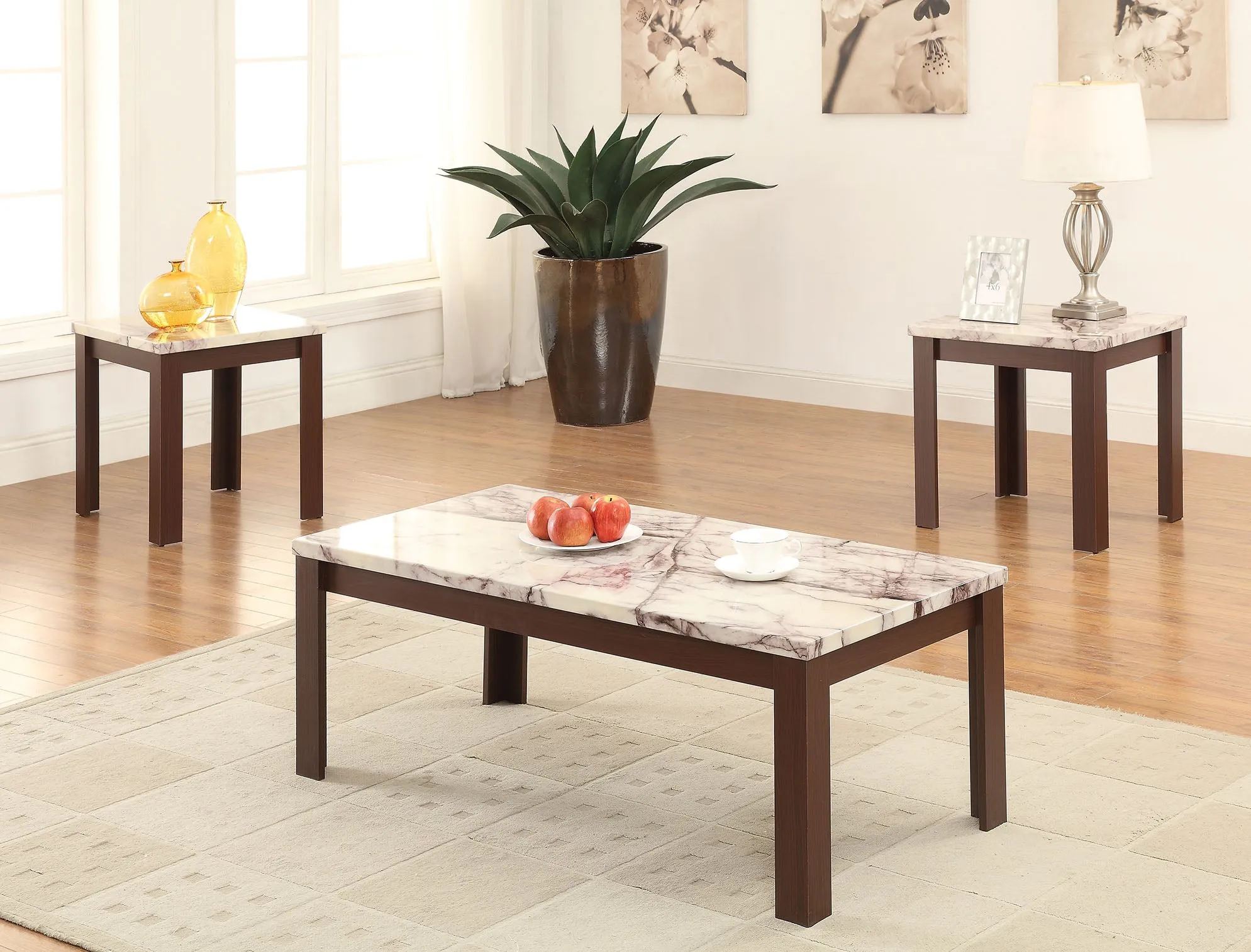 48" X 24" X 18" 3Pc Faux Marble And Cherry Coffee And End Table Set