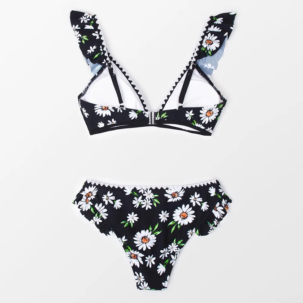 Black Floral Ruffled V-neck Bikini Sets Swimsuit Lace Up Two Pieces Swimwear Beach Bathing Suits