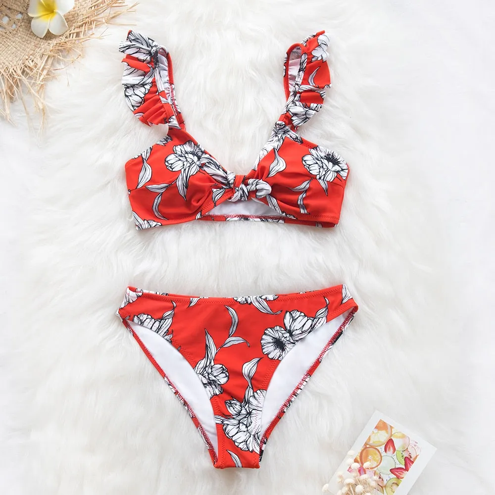 Black Floral Ruffled V-neck Bikini Sets Swimsuit Lace Up Two Pieces Swimwear Beach Bathing Suits