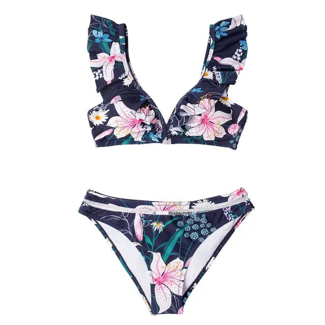 Black Floral Ruffled V-neck Bikini Sets Swimsuit Lace Up Two Pieces Swimwear Beach Bathing Suits