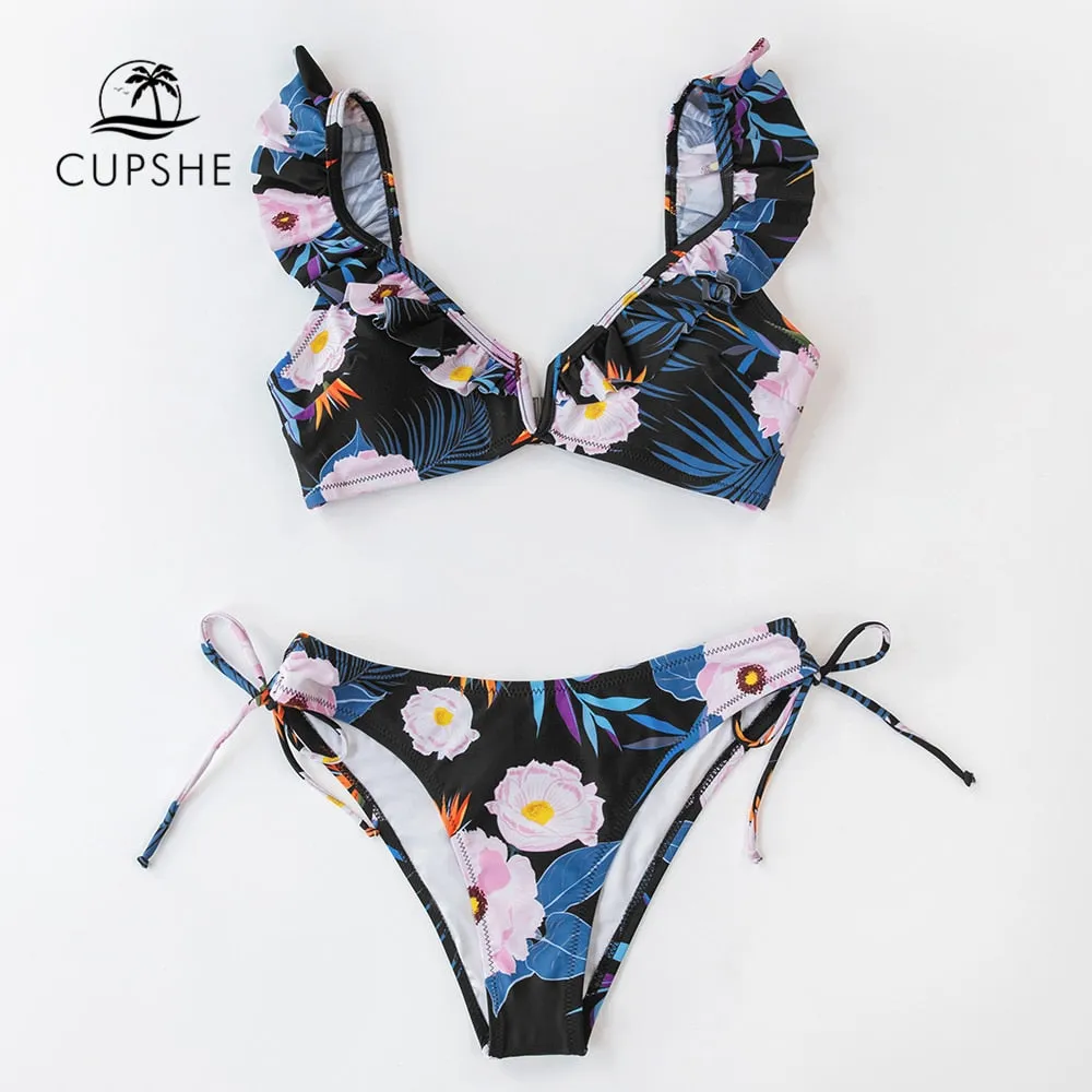 Black Floral Ruffled V-neck Bikini Sets Swimsuit Lace Up Two Pieces Swimwear Beach Bathing Suits