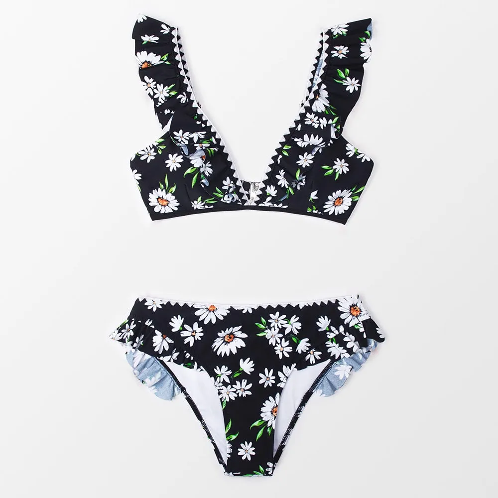 Black Floral Ruffled V-neck Bikini Sets Swimsuit Lace Up Two Pieces Swimwear Beach Bathing Suits
