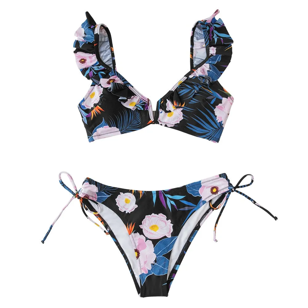 Black Floral Ruffled V-neck Bikini Sets Swimsuit Lace Up Two Pieces Swimwear Beach Bathing Suits