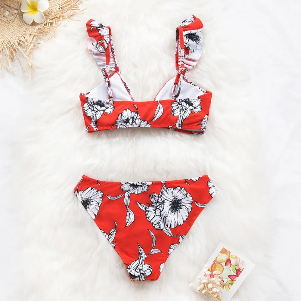 Black Floral Ruffled V-neck Bikini Sets Swimsuit Lace Up Two Pieces Swimwear Beach Bathing Suits