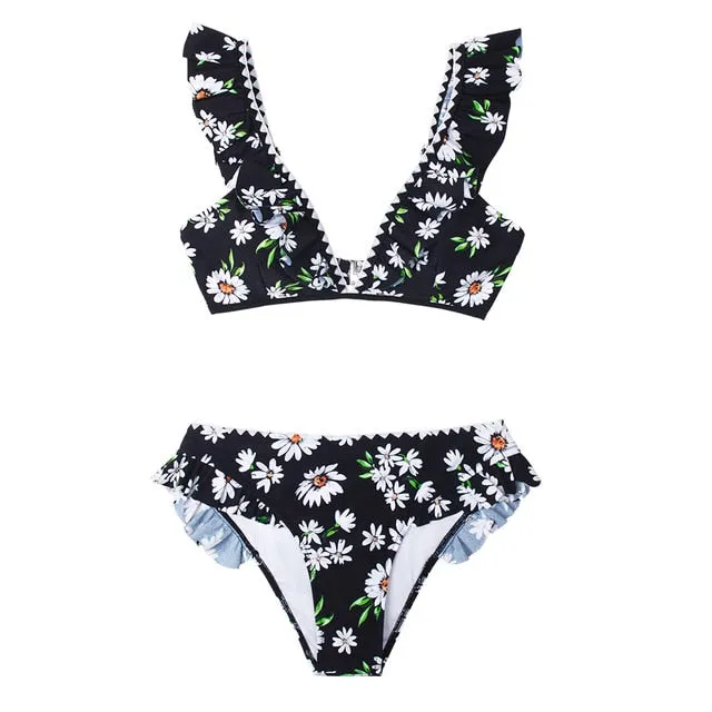 Black Floral Ruffled V-neck Bikini Sets Swimsuit Lace Up Two Pieces Swimwear Beach Bathing Suits