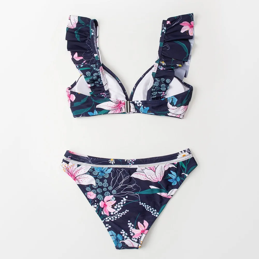 Black Floral Ruffled V-neck Bikini Sets Swimsuit Lace Up Two Pieces Swimwear Beach Bathing Suits