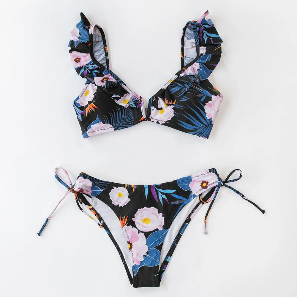 Black Floral Ruffled V-neck Bikini Sets Swimsuit Lace Up Two Pieces Swimwear Beach Bathing Suits