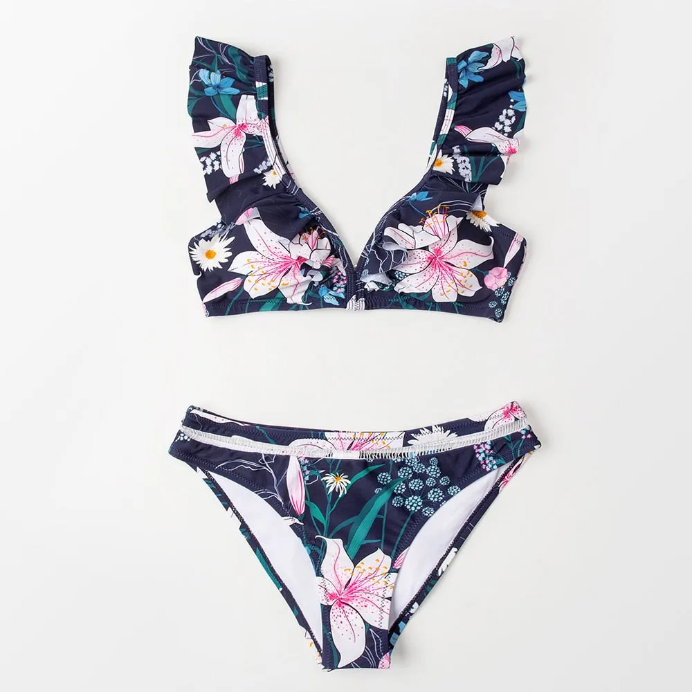 Black Floral Ruffled V-neck Bikini Sets Swimsuit Lace Up Two Pieces Swimwear Beach Bathing Suits
