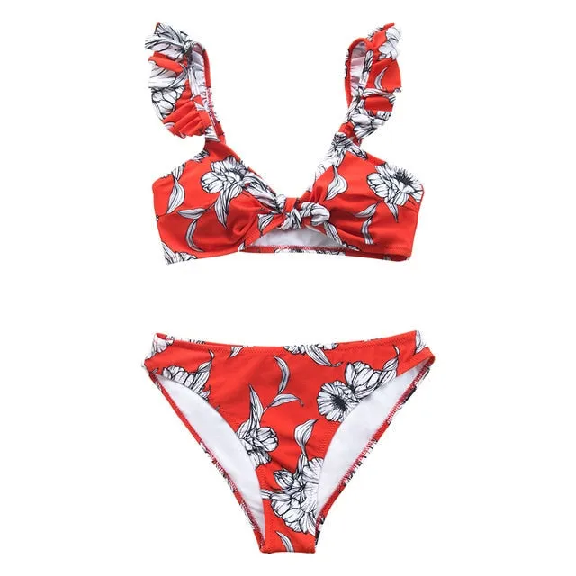 Black Floral Ruffled V-neck Bikini Sets Swimsuit Lace Up Two Pieces Swimwear Beach Bathing Suits