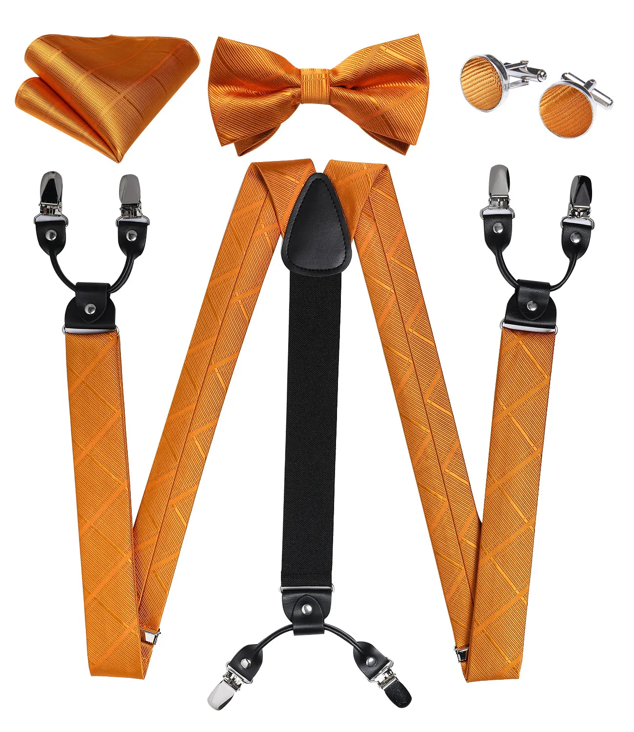 DiBanGu Men's Suspenders Novelty Orange Solid Brace Clip-on Suspender with Bow Tie Set