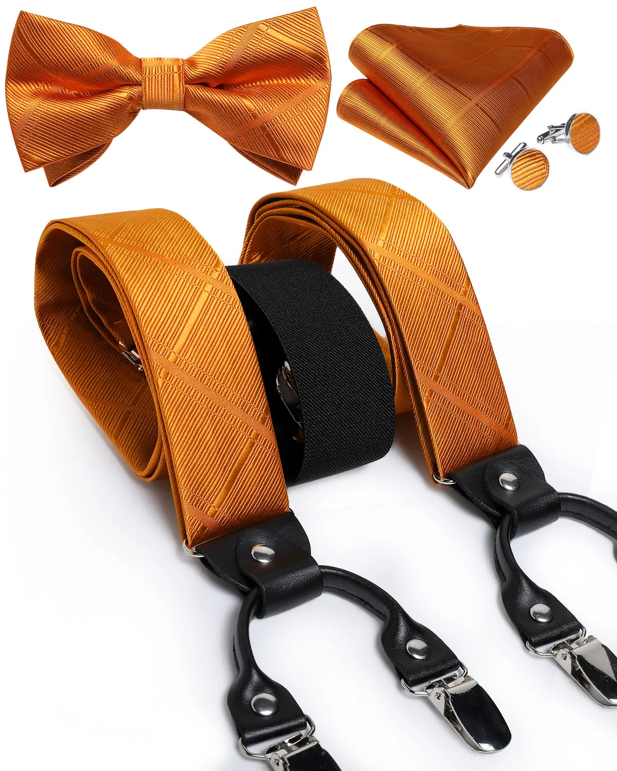 DiBanGu Men's Suspenders Novelty Orange Solid Brace Clip-on Suspender with Bow Tie Set