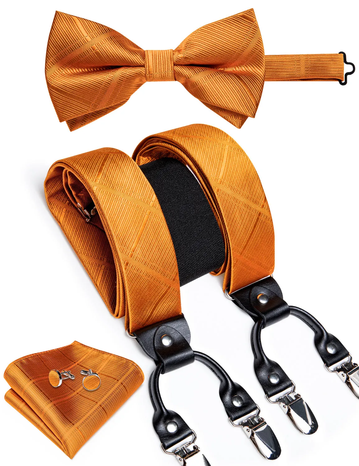 DiBanGu Men's Suspenders Novelty Orange Solid Brace Clip-on Suspender with Bow Tie Set
