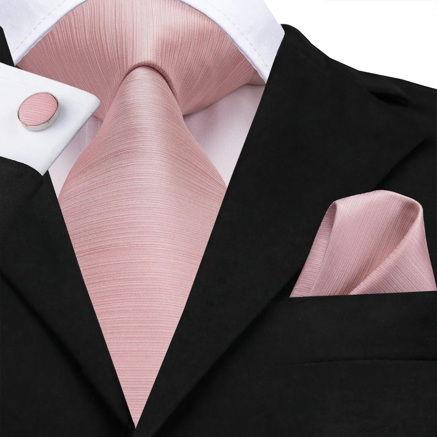 Hi-Tie Solid Necktie Baby Pink Solid Tie Pocket Square Cufflinks Set