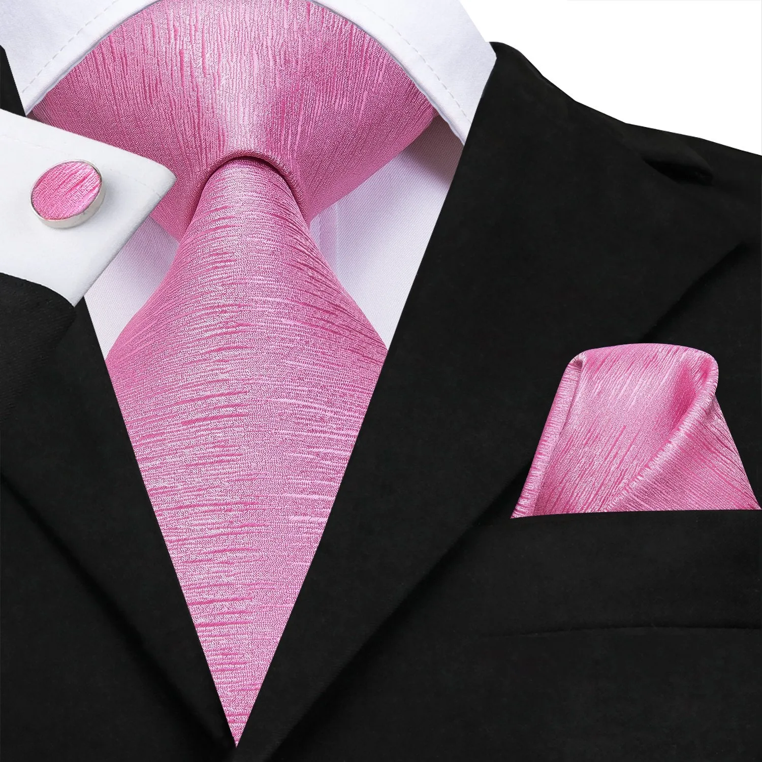 Hi-Tie Solid Necktie Baby Pink Solid Tie Pocket Square Cufflinks Set