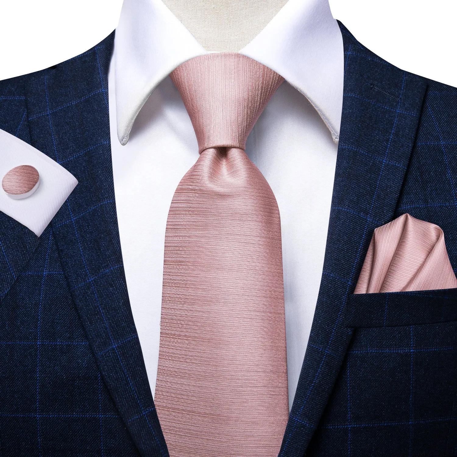 Hi-Tie Solid Necktie Baby Pink Solid Tie Pocket Square Cufflinks Set