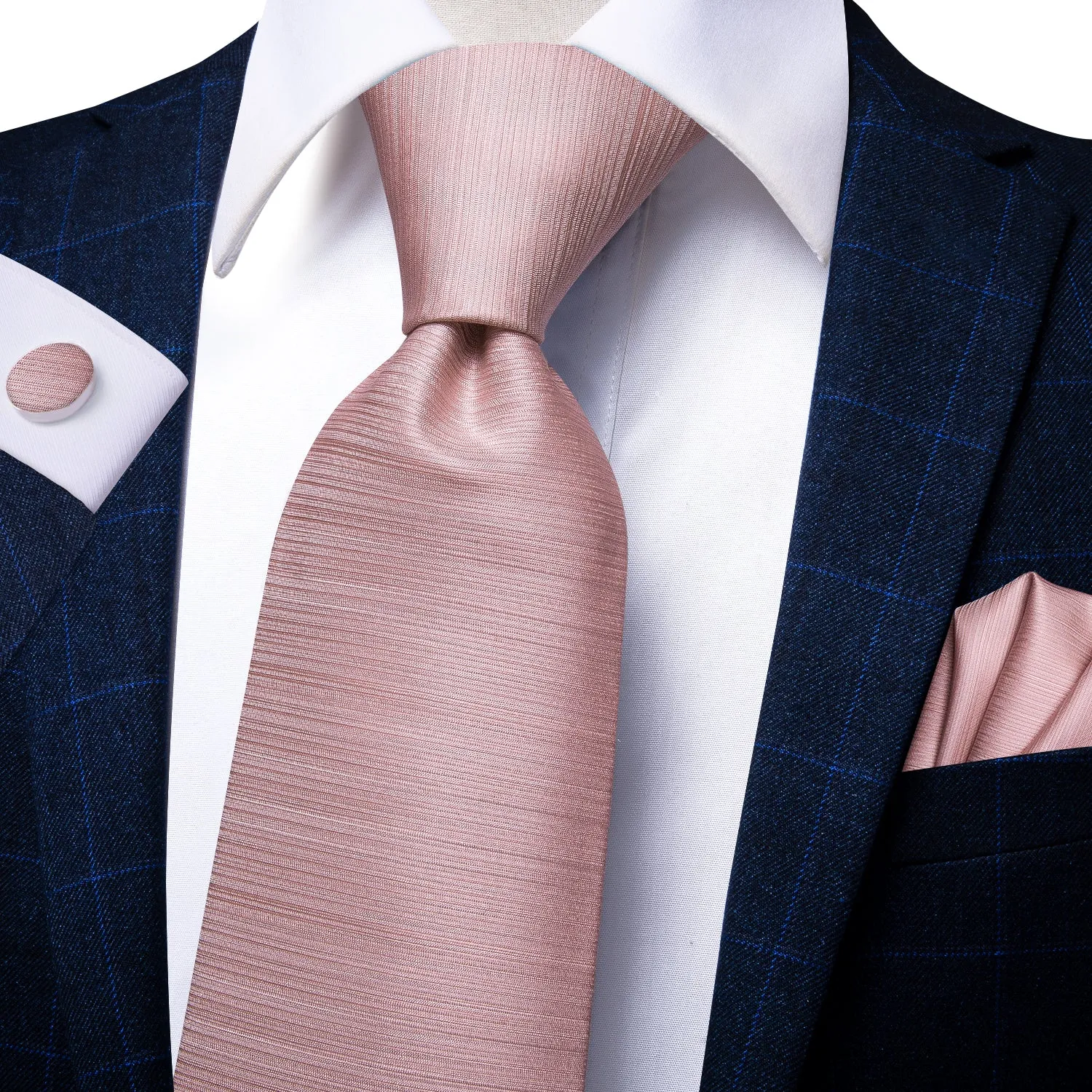 Hi-Tie Solid Necktie Baby Pink Solid Tie Pocket Square Cufflinks Set