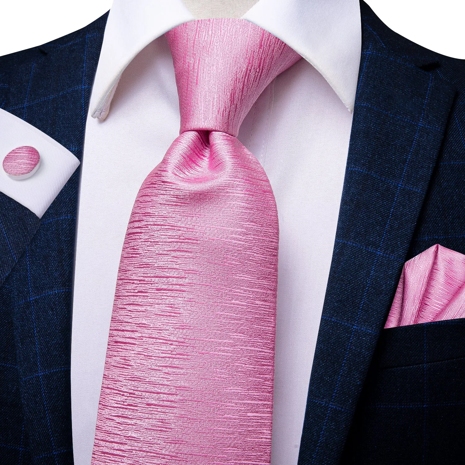 Hi-Tie Solid Necktie Baby Pink Solid Tie Pocket Square Cufflinks Set
