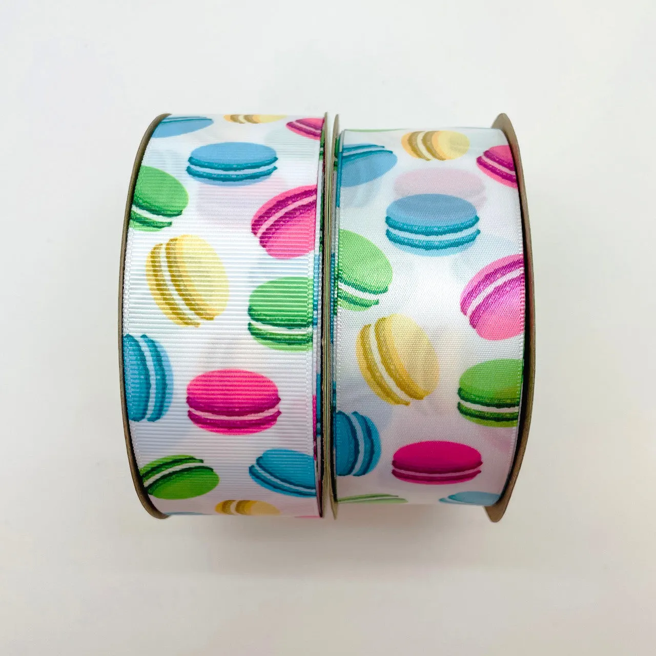 Macaroon ribbon cookies in pastel printed on 1.5" white grosgrain