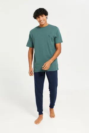 Men Green And Navy Pyjama Set (2 Piece)