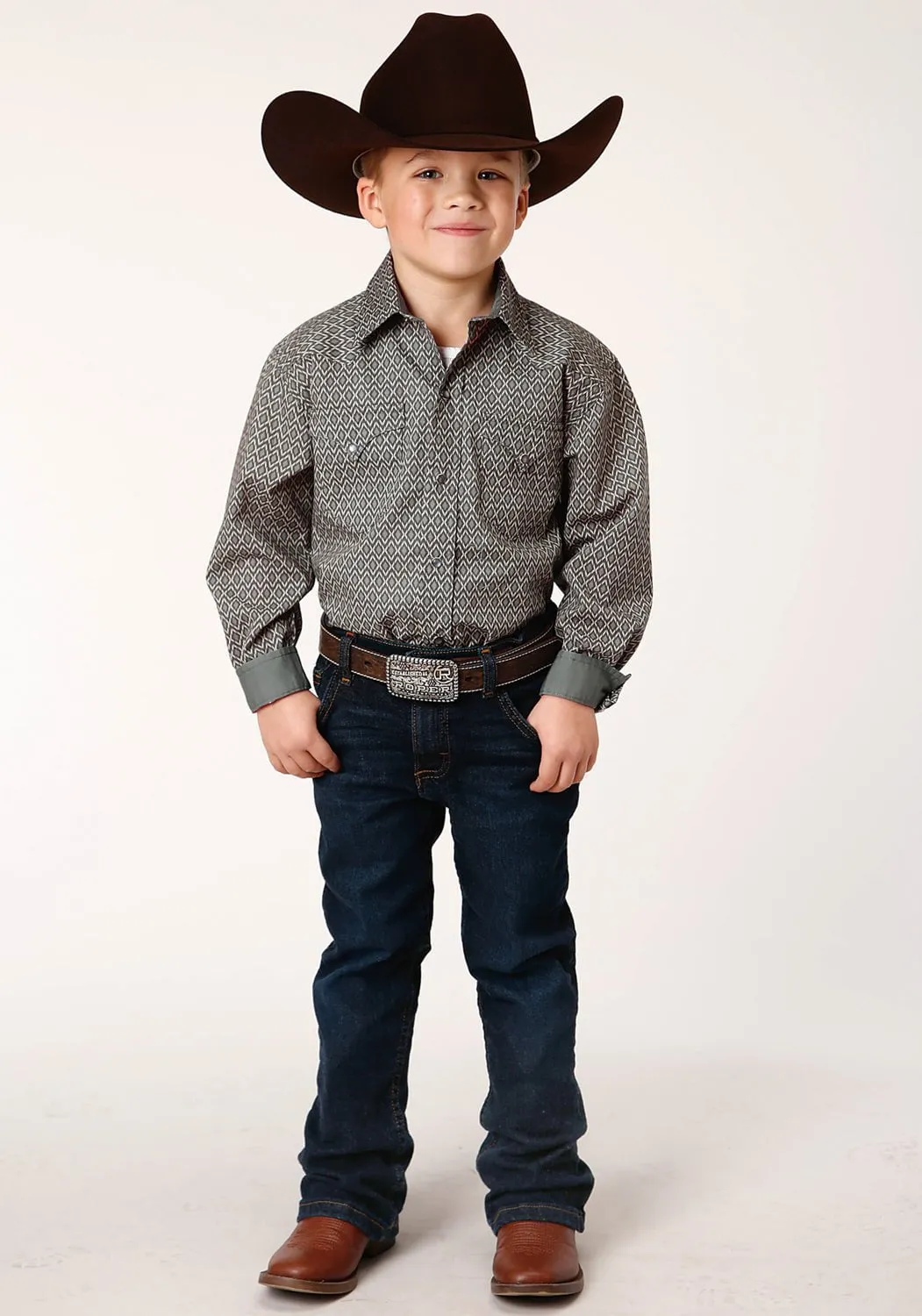 Roper Boys Kids Grey 100% Cotton Broken Diamond L/S Shirt