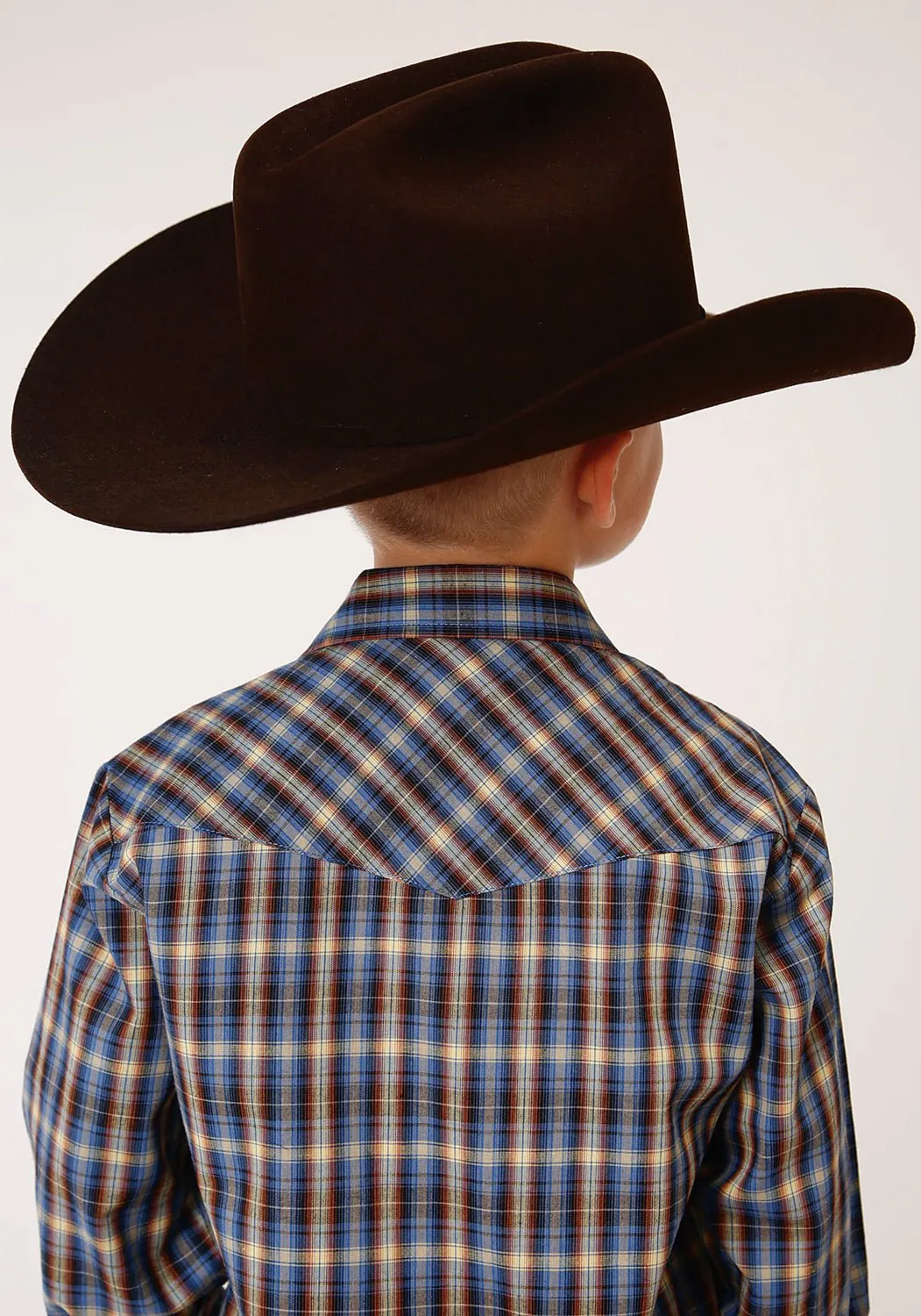 Roper Boys Kids Royal/Yellow Cotton Blend Plaid L/S Shirt