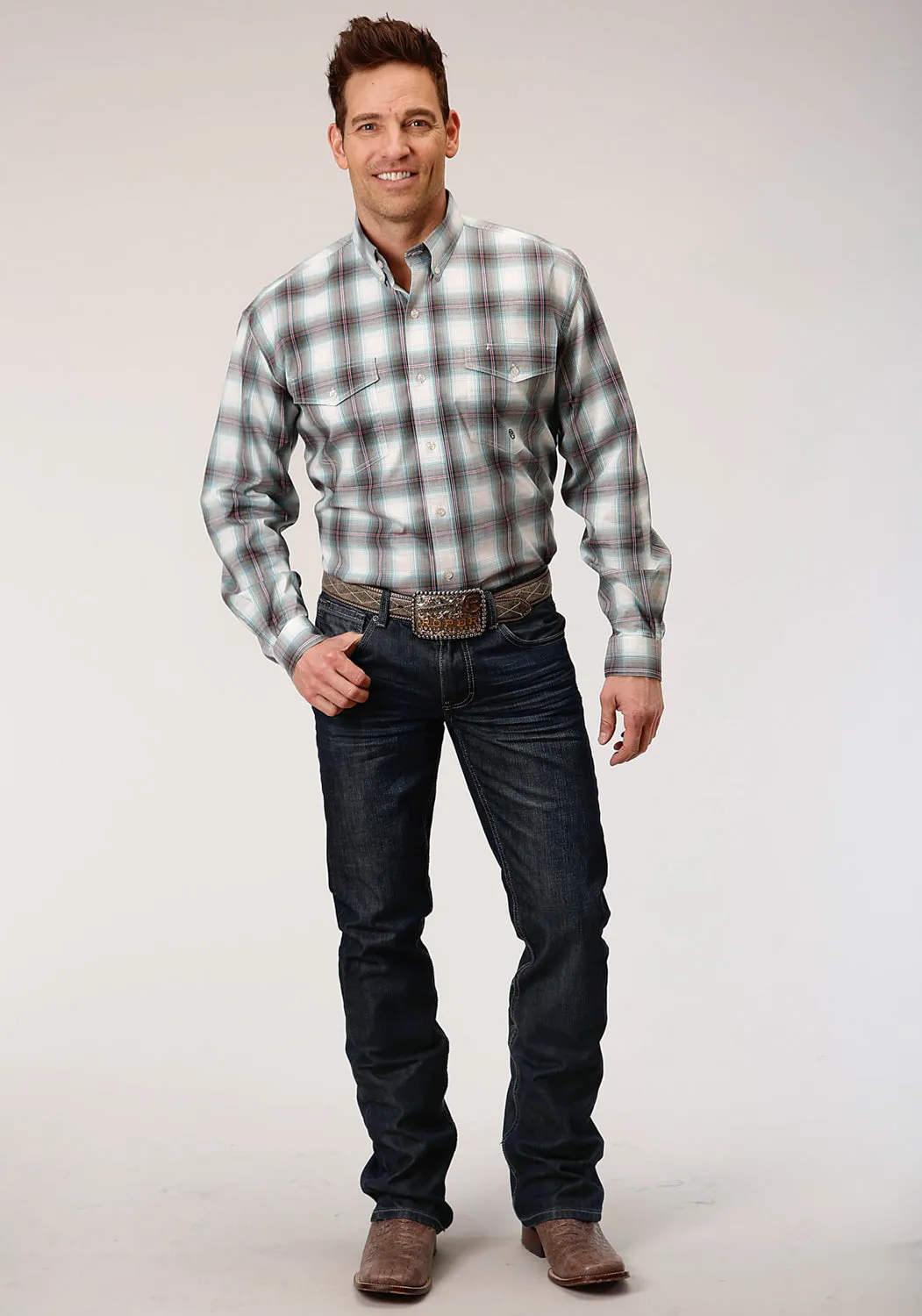 Roper Mens Olive Cotton Blend Stretch Plaid BD L/S Button Shirt