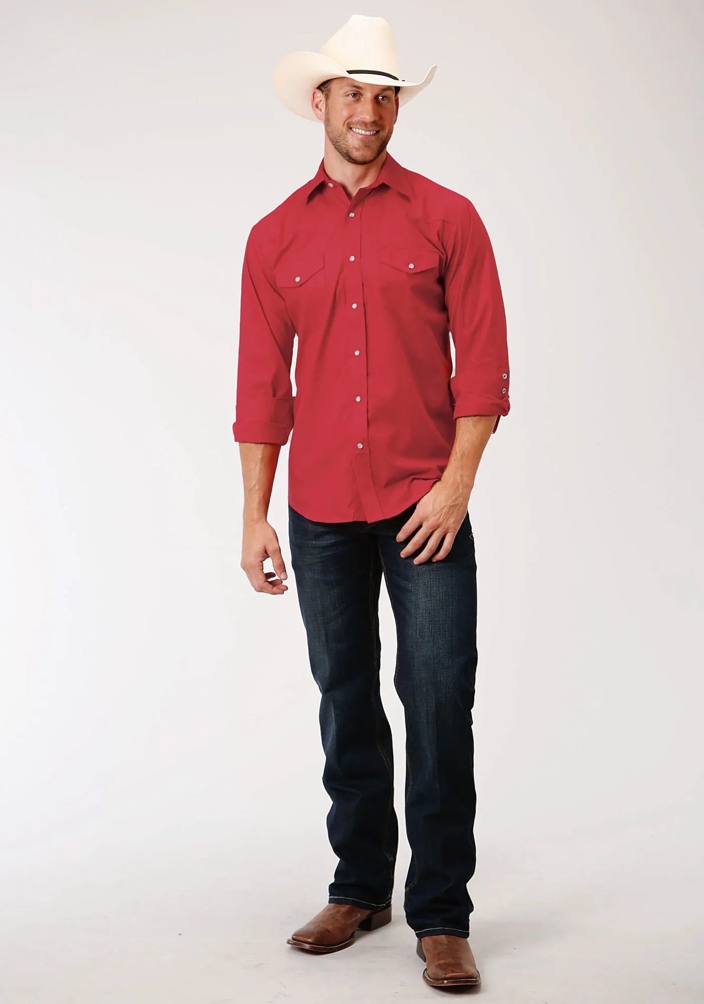 Roper Mens Red Cotton Blend Solid Broadcloth L/S Snap Shirt