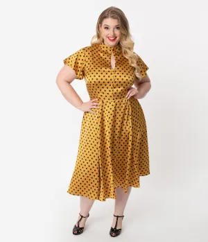 Unique Vintage Plus Size 1950s Mustard & Navy Polka Dot Baltimore Swing Dress
