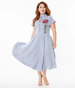 Unique Vintage Plus Size Dusty Lavender & Embroidered Rose Baltimore Swing Dress