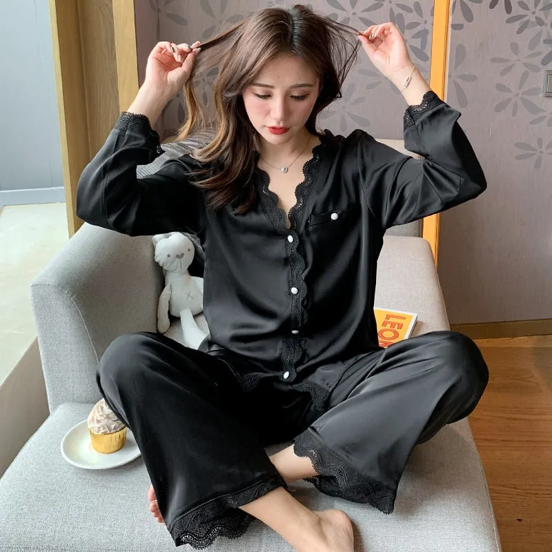White silk like women's pajamas set autumn long-sleeved nighties palace style sleepwear set black beautiful home nighty suit