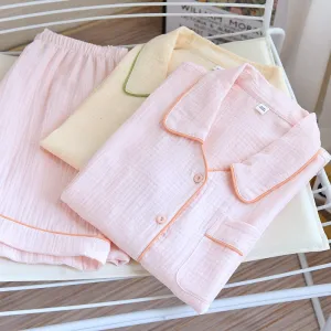 Woven Cotton Casual Pajamas Women's Summer Thin Short Sleeve Shorts Two Piece Set Loose Cardigan Homewear