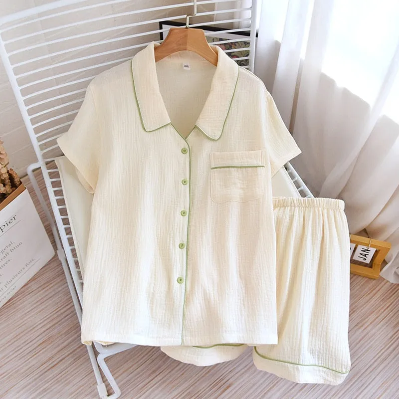 Woven Cotton Casual Pajamas Women's Summer Thin Short Sleeve Shorts Two Piece Set Loose Cardigan Homewear