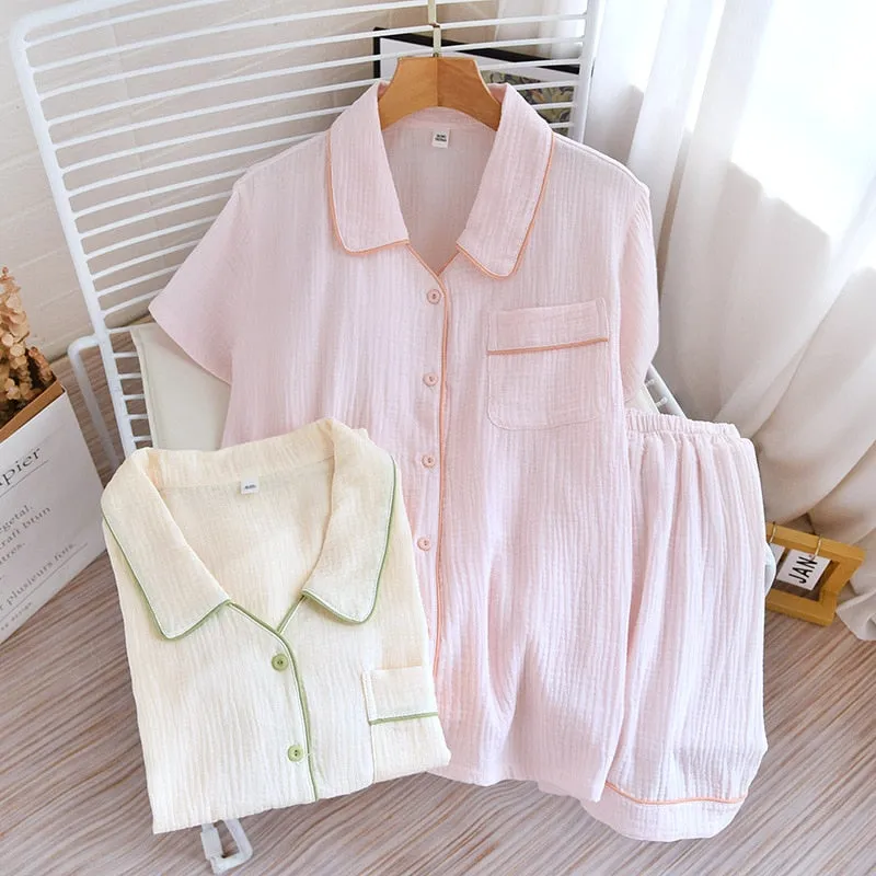 Woven Cotton Casual Pajamas Women's Summer Thin Short Sleeve Shorts Two Piece Set Loose Cardigan Homewear
