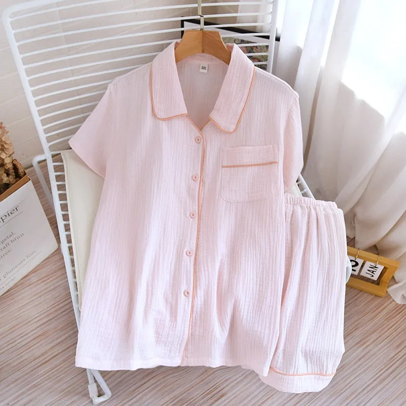 Woven Cotton Casual Pajamas Women's Summer Thin Short Sleeve Shorts Two Piece Set Loose Cardigan Homewear