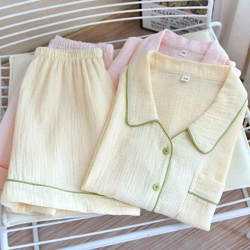 Woven Cotton Casual Pajamas Women's Summer Thin Short Sleeve Shorts Two Piece Set Loose Cardigan Homewear