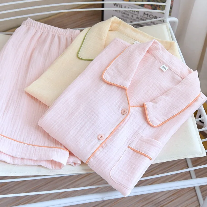 Woven Cotton Casual Pajamas Women's Summer Thin Short Sleeve Shorts Two Piece Set Loose Cardigan Homewear